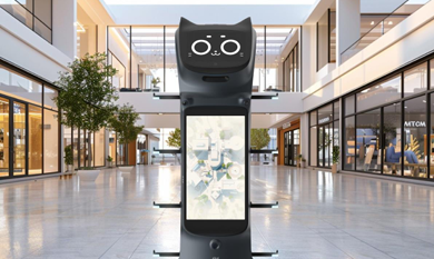 Ein schwarzer BellaBot Pro Roboter in einem Einkaufszentrum, die die Aufmerksamkeit der Besucher auf sich zieht.