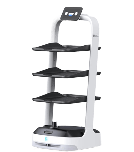 Image of the Pudu Robotics service robot PuduBot 2, finalist at the Good Design Award 2023, in an elegant black and white design, equipped with several black serving trays and a display featuring a simple, friendly face.