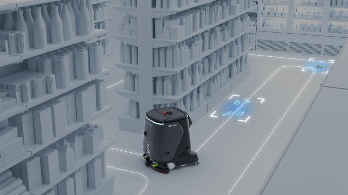 Robot PUDU CC1 Pro fährt durch ein Lagerhaus und transportiert Waren.
