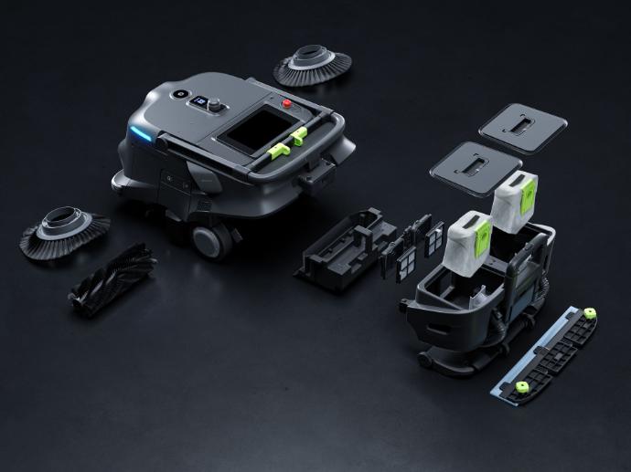 Die modularen Teile des PUDU MT1 Vac lassen sich unkompliziert ohne Werkzeug wechseln, was Wartungszeit und -kosten erheblich reduziert.