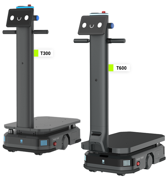 Zwei gleich hohe Roboter, T300 und T600, mit unterschiedlicher Ladekapazität, stehen nebeneinander.
