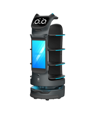 Bild des Pudu Robotics BellaBot Pro, ein moderner Serviceroboter im katzenähnlichen Design mit Tabletts und grossem Frontdisplay.
