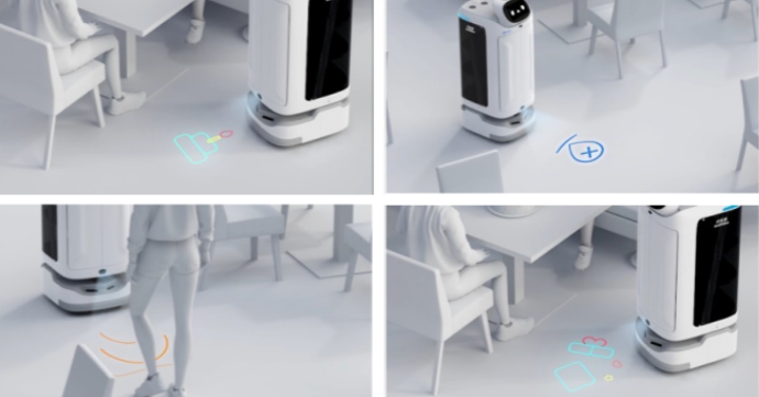 Vier Bilder eines Pudu Roboters SwiftBot in verschiedenen Positionen.