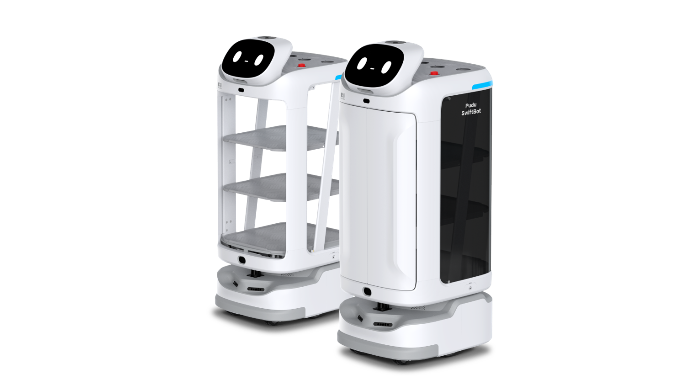 Bild des SwiftBot Serviceroboters von Pudu Robotics, Gewinner des IF Design Award 2023, in Weiß mit grauen Unterteil und Display, das ein freundliches Gesicht zeigt.