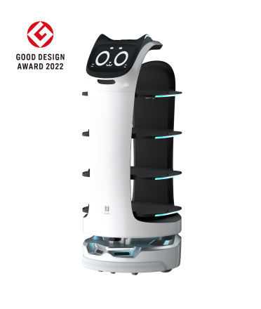 Bild des Pudu Robotics Serviceroboters BellaBot, Gewinner des Good Design Award 2022, in Weiß mit schwarzem Display, das ein freundliches Katzengesicht zeigt, und mehreren blau beleuchteten Serviertabletts.