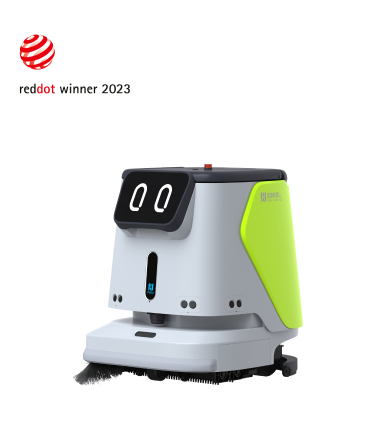 Bild des Pudu Robotics CC1 Reinigungsroboters, ausgezeichnet mit dem Red Dot Award 2023, in Grau mit leuchtend grünen Akzenten und einem freundlichen Gesichtsausdruck.