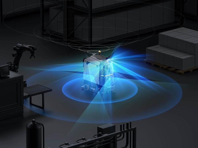 Pudu BG1 autonomer Reinigungsroboter mit akustischen und visuellen Warnsignalen zur sicheren Navigation im Industriebereich