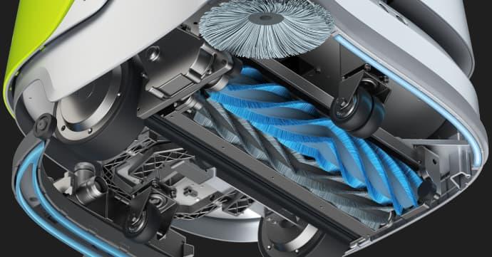 View into the interior of the Pudu CC1 robot, which is equipped with sensors and brushes.