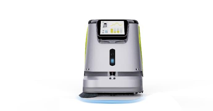 Ein Reinigungroboter von Pudu Robotics CC1 auf einer weissen Oberfläche.
