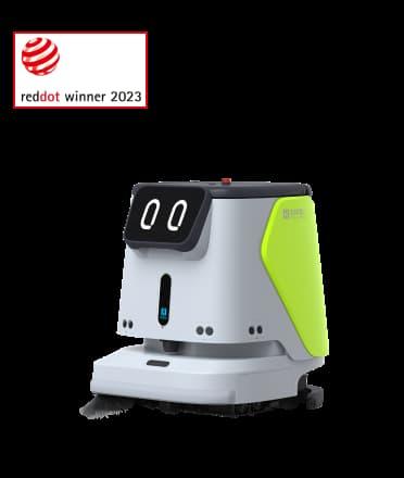 Reinigungsroboter PUDU CC1 mit modernem Design und blauer Beleuchtung.