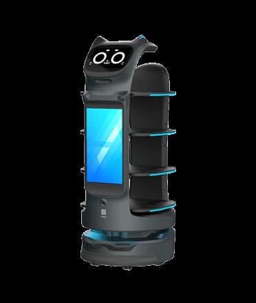 Bild des Pudu Robotics BellaBot Pro, ein moderner Serviceroboter im katzenähnlichen Design mit Tabletts und grossem Frontdisplay.