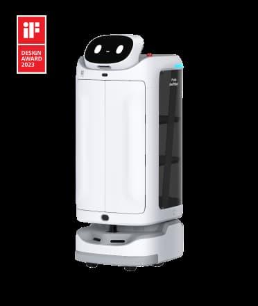 Bild des SwiftBot Serviceroboters von Pudu Robotics, Gewinner des IF Design Award 2023, in Weiß mit grauen Unterteil und Display, das ein freundliches Gesicht zeigt.