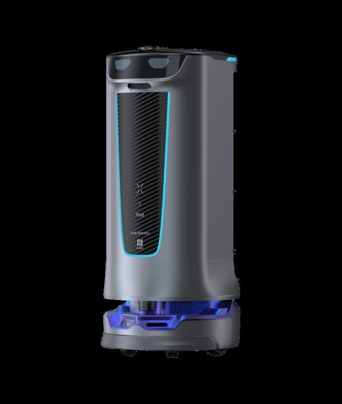 Bild des Pudu Robotics HolaBot, ein moderner, zylindrischer Serviceroboter in Dunkelgrau mit markanten blauen und schwarzen Lichtakzenten und einem Display in der Mitte, das das Logo und den Namen 'Find' anzeigt.