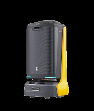 Bild des Pudu Robotics FlashBot, ein Lieferroboter mit robustem Design in Dunkelgrau und auffälligen gelben Akzenten, ausgestattet mit einem Display im oberen Bereich und blau beleuchteten Elementen an der Basis.