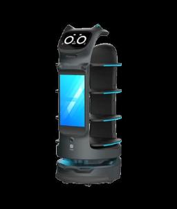 Bild des Pudu Robotics BellaBot Pro, ein moderner Serviceroboter im katzenähnlichen Design mit Tabletts und grossem Frontdisplay.